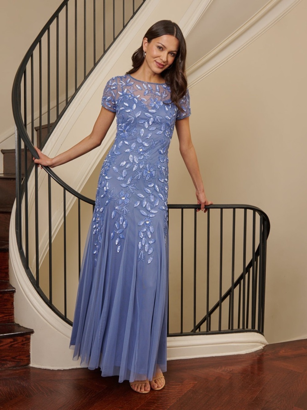 Adrianna Papell Floral Beaded Evening Formal Godet Gown - French Blue